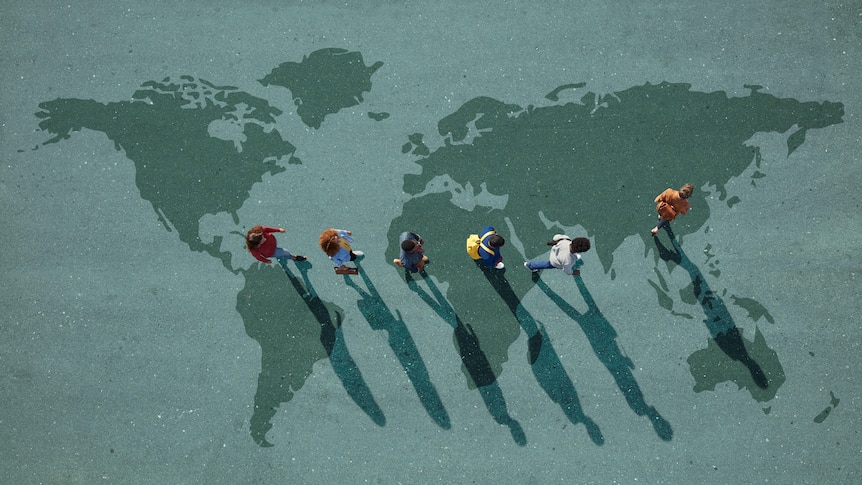 flat graphic of the world with people walking across