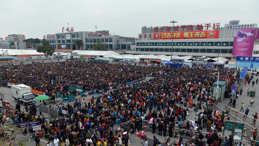 Huge queues outside Guangzhou railway station.