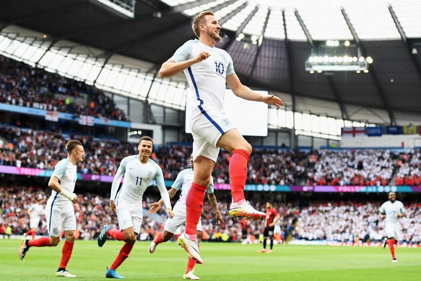 England's Harry Kane celebrates a goal against Turkey in Manchester in May 2016.