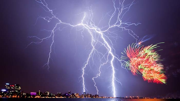 Lightning during Perth fireworks