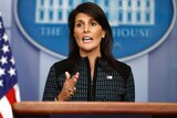 US Ambassador to the United Nations Nikki Haley makes a hand gesture as she speaks during a news briefing at the White House.