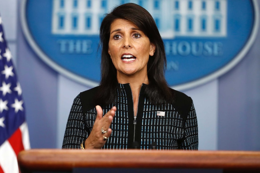 US Ambassador to the United Nations Nikki Haley makes a hand gesture as she speaks during a news briefing at the White House.