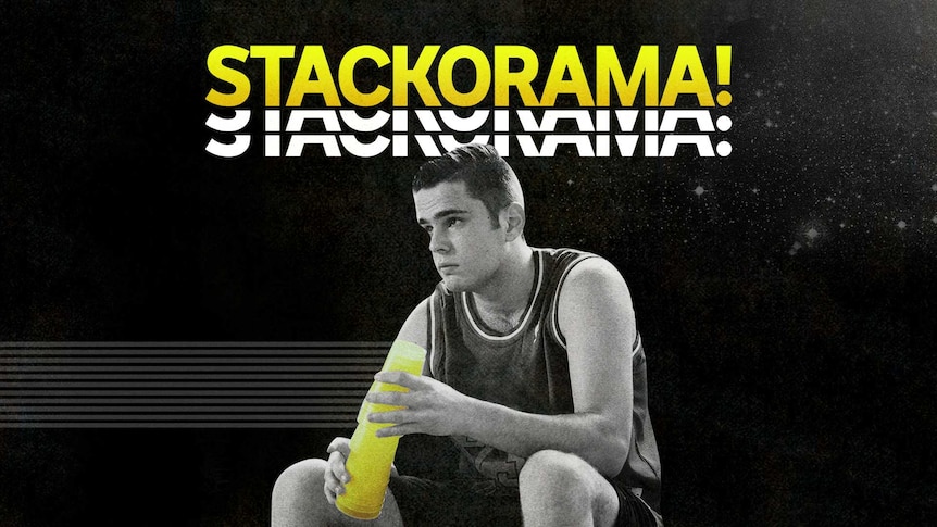 Main hero of Stackorama! Jaydyn is sat and holding a stack of yellow cups, looking into the distance against a black background