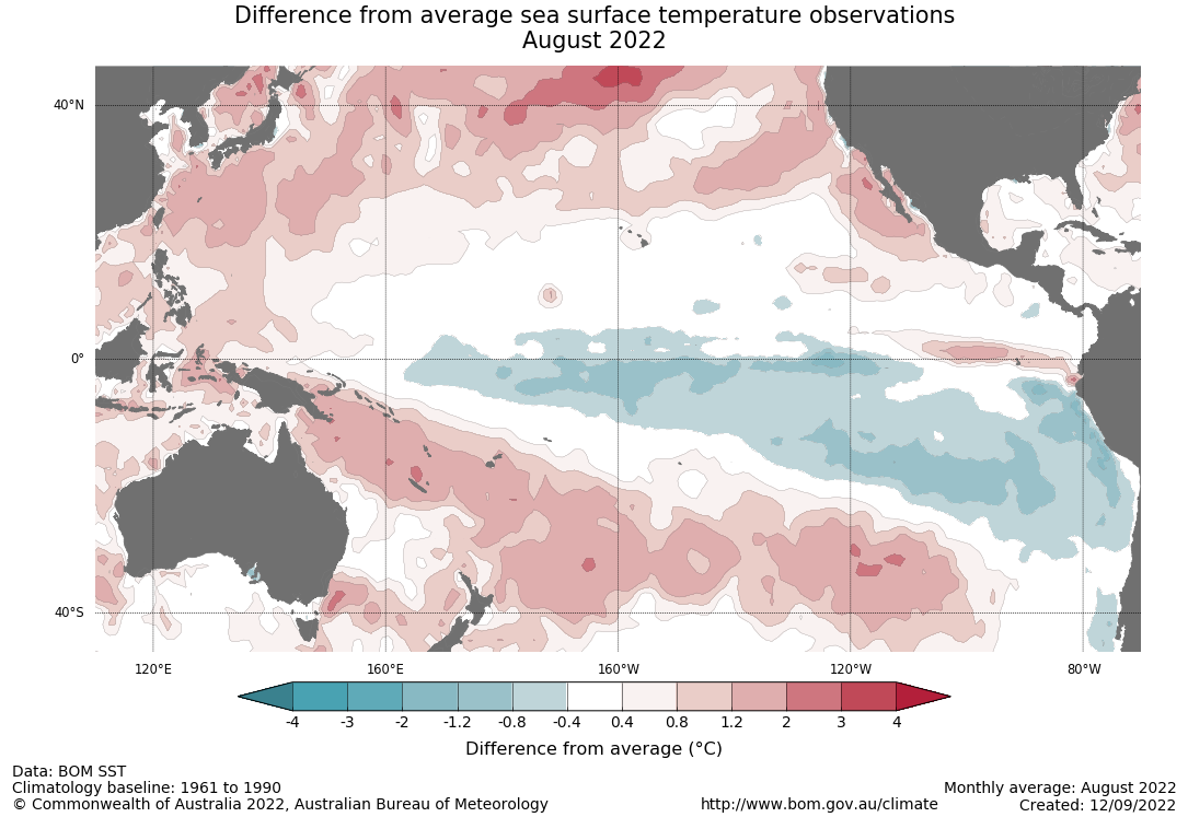 Map of Pacific Ocean shows red in southern and western sub equatorial pacific and blue in the east. 