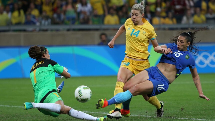 Australia goalkeeper Lydia Williams takes on Brazilian competitors in Rio