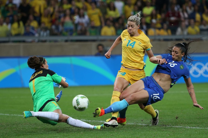 Australia goalkeeper Lydia Williams takes on Brazilian competitors in Rio