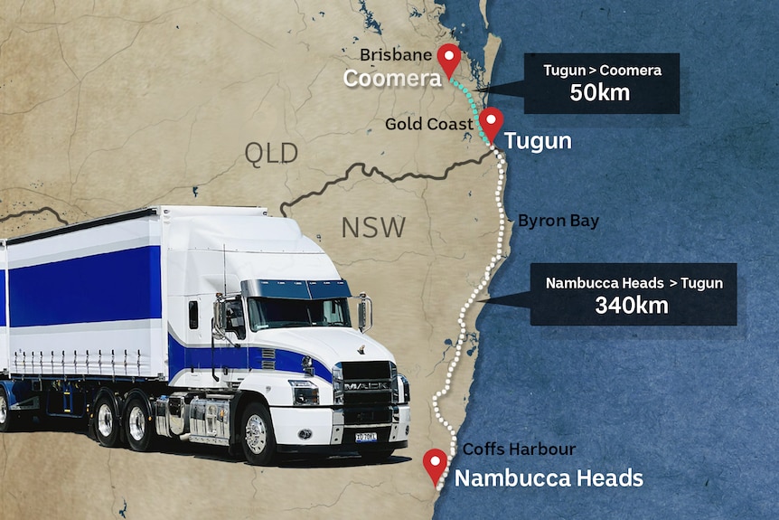 A map showing a 390-kilometre journey from Nambucca Heads in NSW to Tugun on the Gold Coast. 