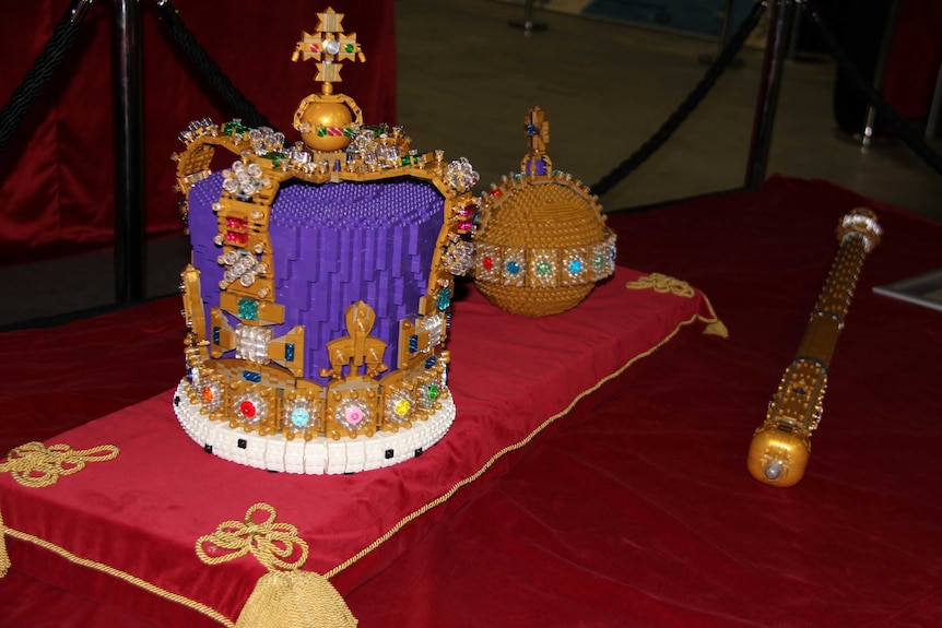 A picture of the crown jewels built with Lego at the Lego 30 wonders of the world exhibition