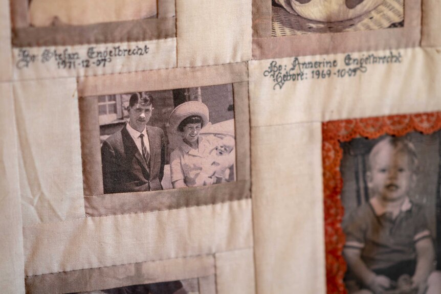 Fanie and Colleen pictured on their wedding day. The photo is sewn into a tapestry.