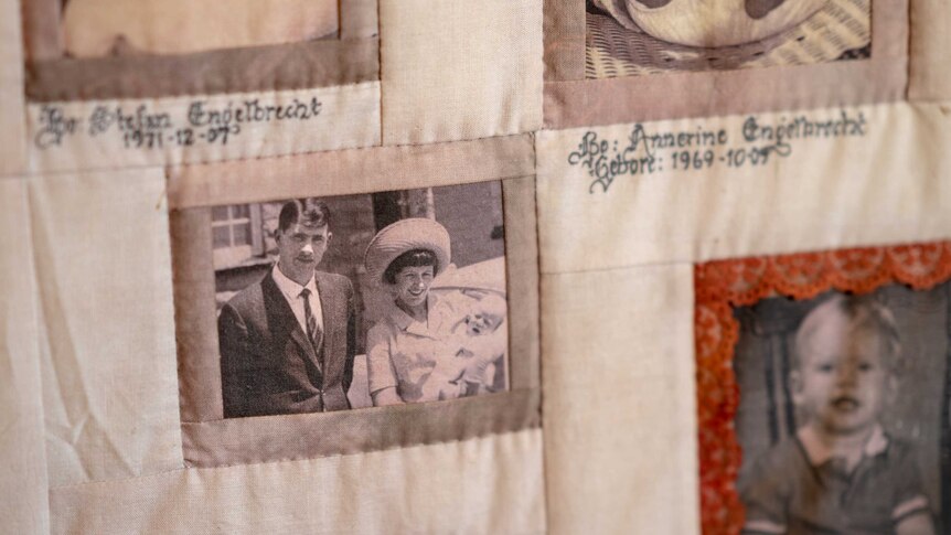 A tapestry with pictures of Jo-an Englebrecth's parents in his farmhouse, South Africa June 2018.