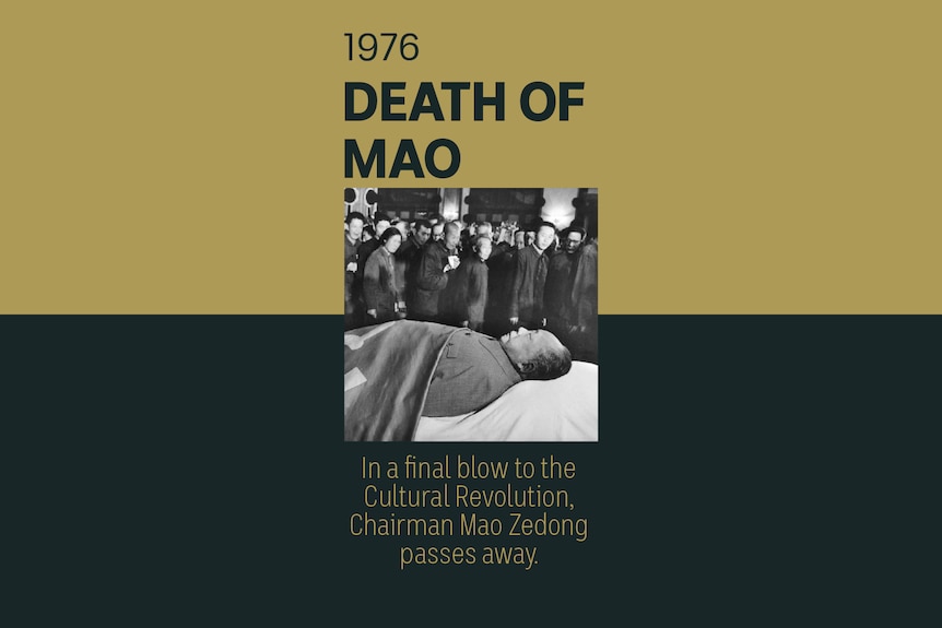 An image of Mao Zedong in a casket after his death. Text reads 1976, death of Mao.