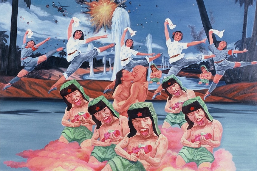 An oil painting of Chinese soldiers and dancers behind them.