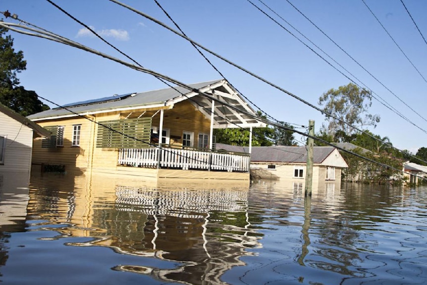 Floodwaters inundate homes at Salisbury in Brisbane on January 13, 2011.