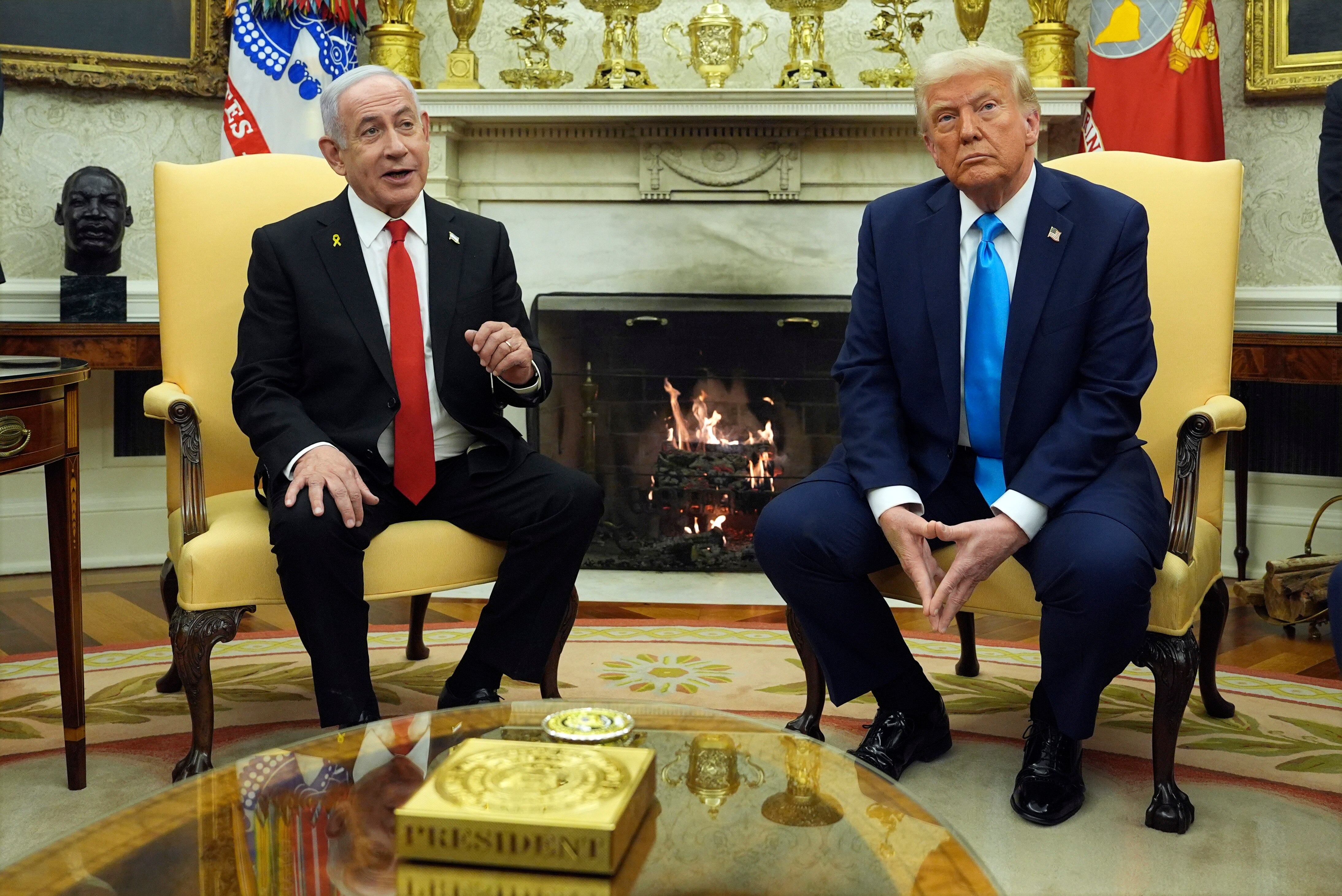 Donald Trump meets with Israel's Prime Minister Benjamin Netanyahu in the Oval Office of the White House.