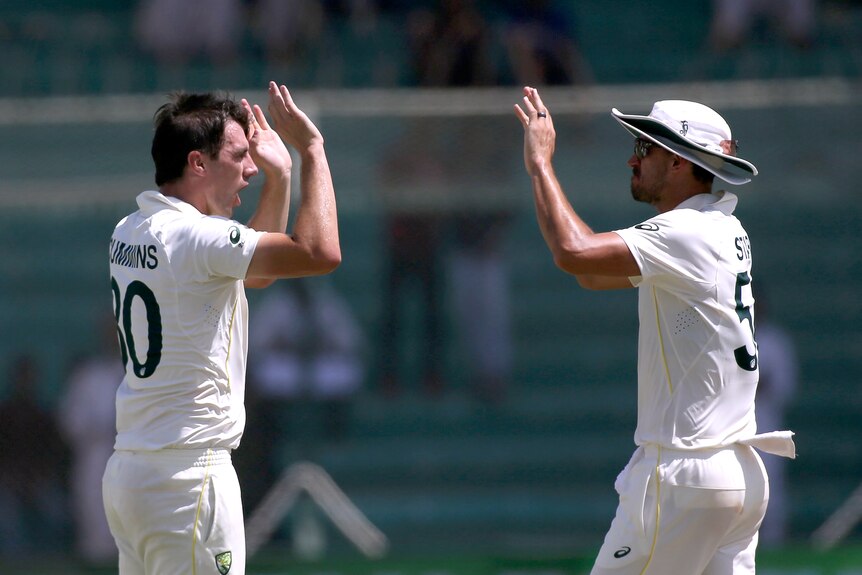 Two Australian cricketers move towards each other to high five in celebration after taking a wicket.  