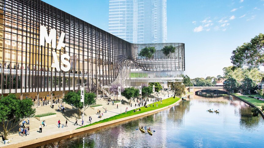 An artist impression of the Powerhouse Museum on the banks of the Parramatta River.