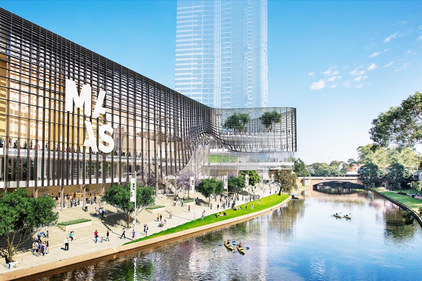 An artist impression of the Powerhouse Museum on the banks of the Parramatta River.