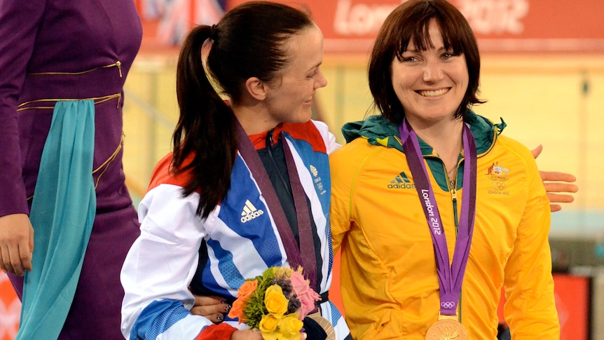 Victoria Pendleton congratulates Anna Meares on the podium at the London 2012 Olympic Games.