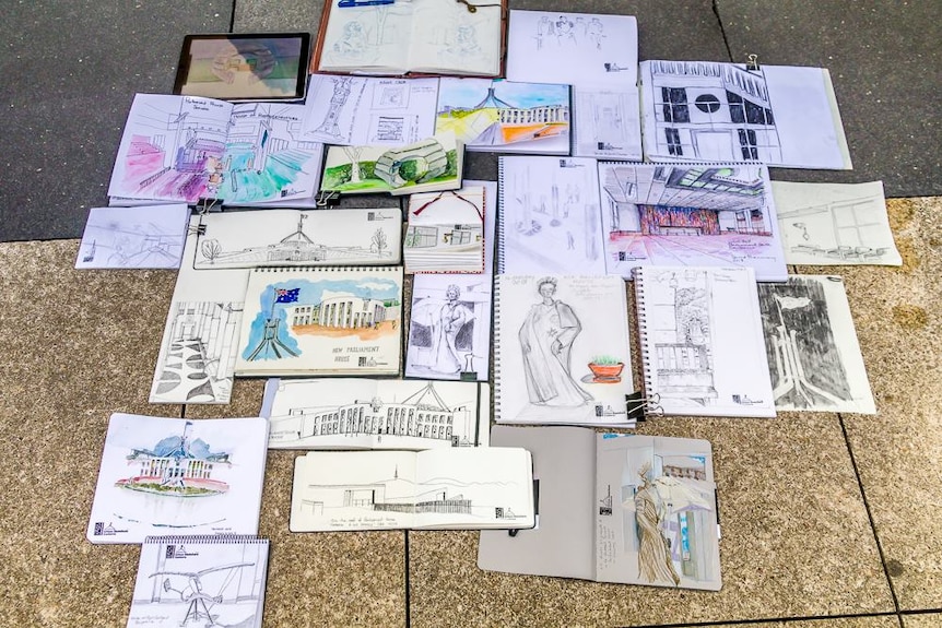A collection of drawings in sketch books from different view points at Parliament House
