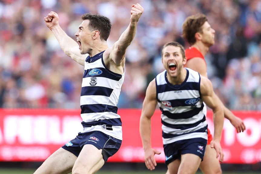 Jeremy Cameron celebrates a goal for Geelong in the 2022 AFL grand final.