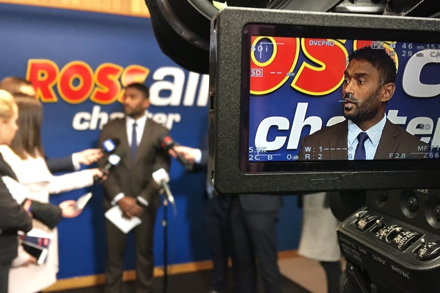 Rossair CEO Warren Puvanendran speaks with reporters.