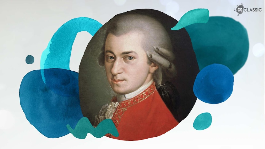 An image of composer Wolfgang Amadeus Mozart with stylised musical notation overlayed in tones of teal.