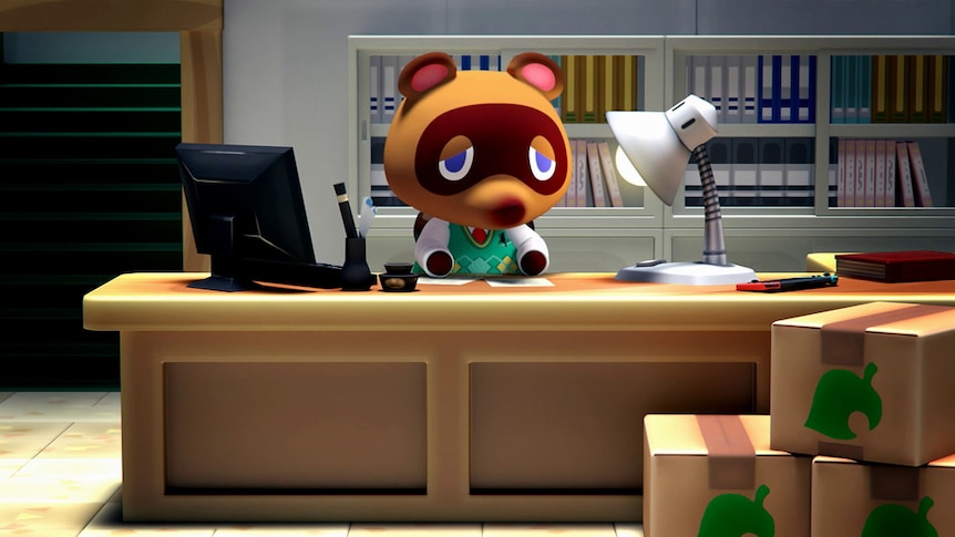 A screenshot of the character Tom Nook from 2020 videogame Animal Crossing: New Horizons