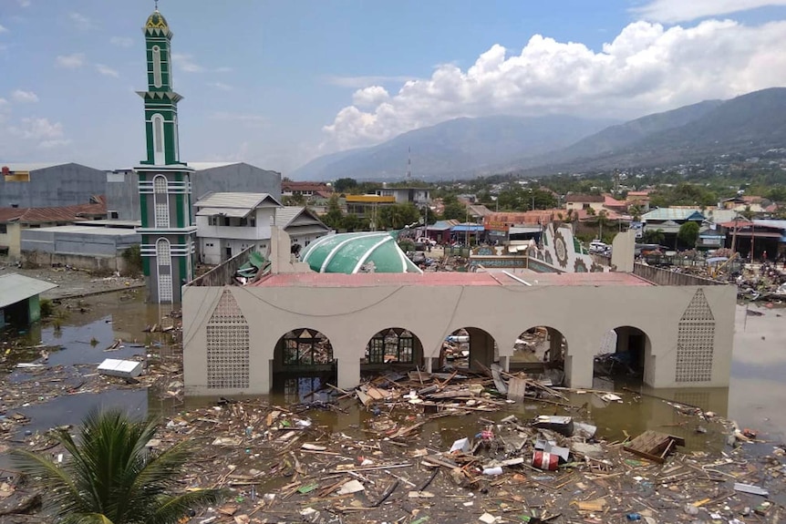 The ruin of a mosque badly damaged by earthquake and tsunami