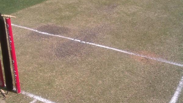 The Gabba pitch at tea on day three before the heavy roller was ordered by Michael Clarke.