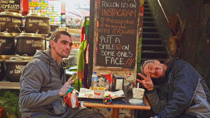 Homeless men, Solo and David eat at the Soup Place in Melbourne