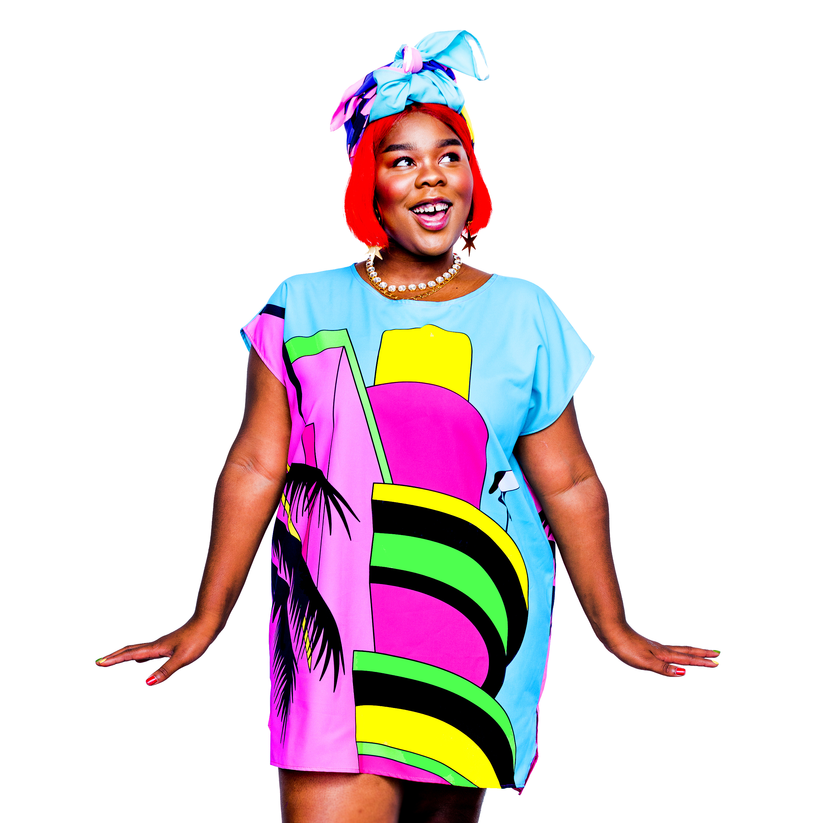 A woman in a brightly coloured dress.