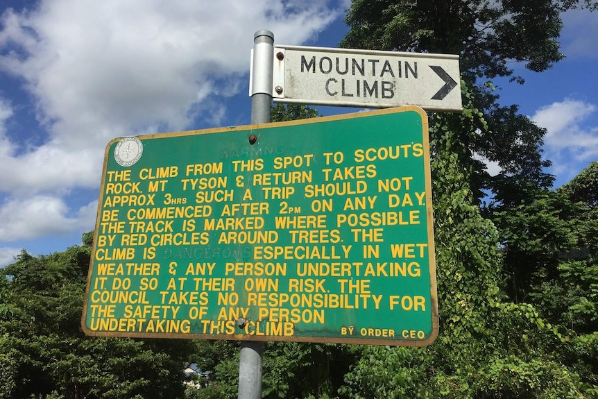 Sign at the base of Mount Tyson in Far North Queensland.