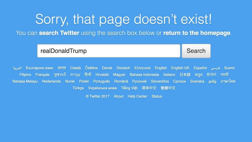 A Twitter error message displayed when searching for Donald Trump's Twitter account saying "Sorry, that page doesn't exist"