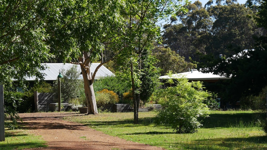 A house with trees and statues in front it