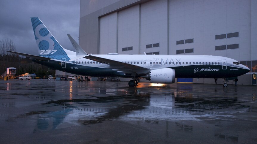 A white plane with the word "Boeing" and the markings "737", "MAX", and "8" on its wings.