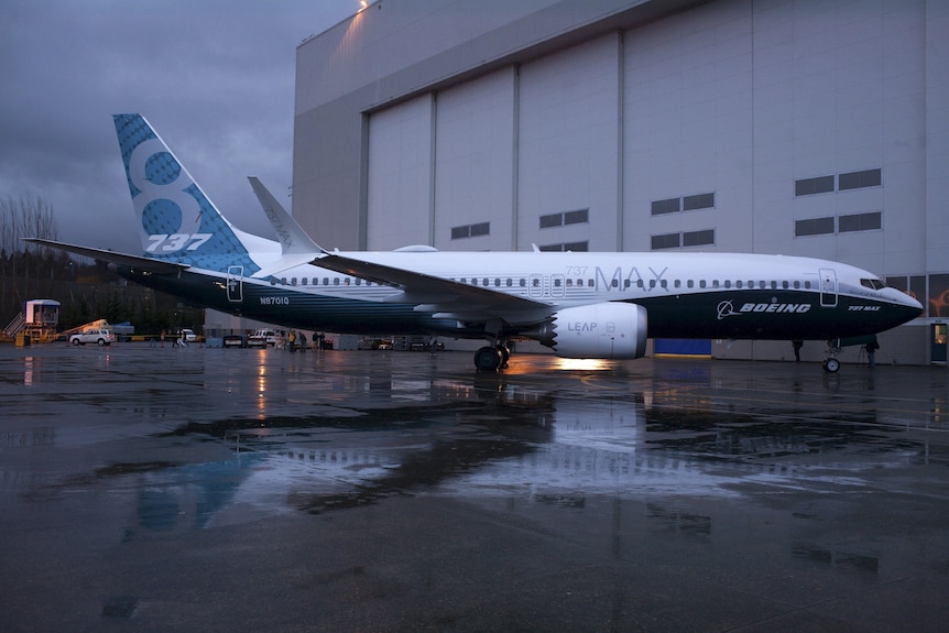 A white plane with the word "Boeing" and the markings "737", "MAX", and "8" on its wings.