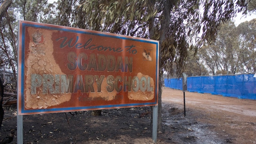 The fire-damaged sign at Scaddan Primary School.