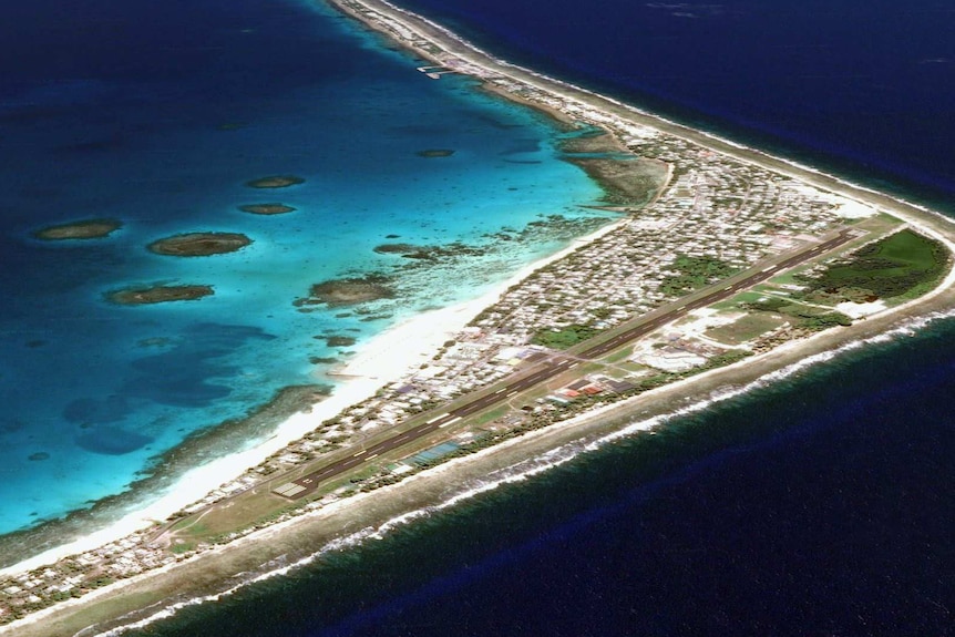 An aerial shot of Funafuti, the largest atoll in Tuvalu.