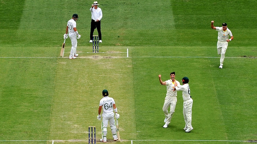 Past Cummins celebrates as Dean Elgar looks down a green pitch to the umpire