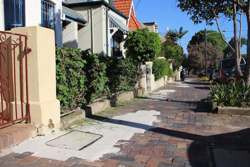 Heritage-listed footpath along Juliett Street in Marrickville showing the repair marks after NBN installation.