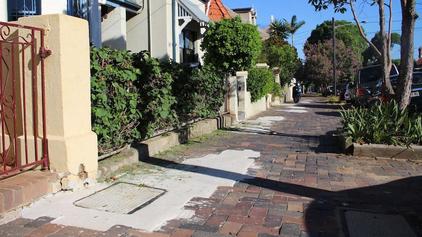 Heritage-listed footpath along Juliett Street in Marrickville showing the repair marks after NBN installation.