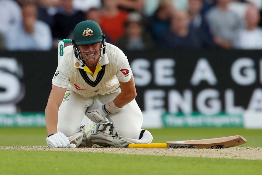 Marnus Labuschagne is on his haunches, grabbing at his crotch and wincing in obvious, excruciating pain.