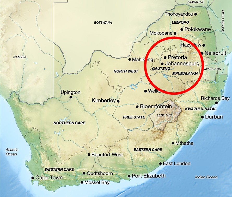 A map of South Africa, with a red circle around the province of Gauteng and the cities of Johannesburg and Pretoria.