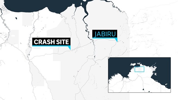 A map that shows a crash site 60 kilometres west of Jabiru.