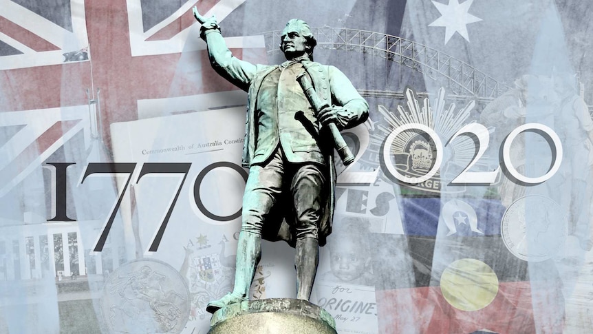 Statue of James Cook with a collage of Australian events and things in the background.
