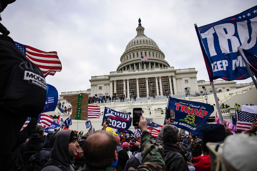 crowds of people with flags in front of the US Capitol