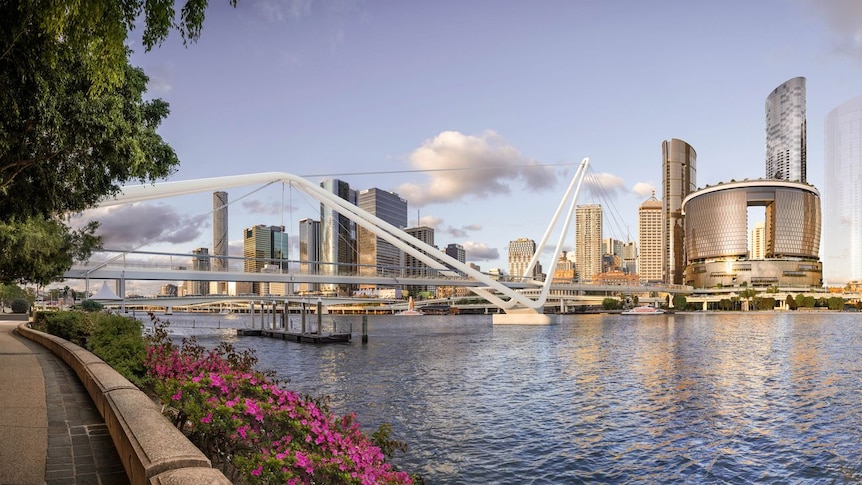 A concept image of the Brisbane River with a new white bridge stretching across it.