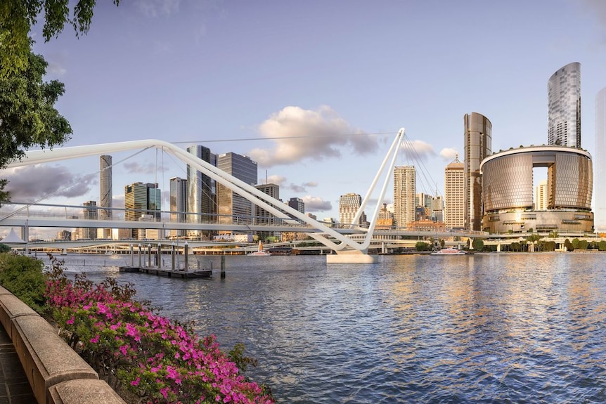 A concept image of the Brisbane River with a new white bridge stretching across it.