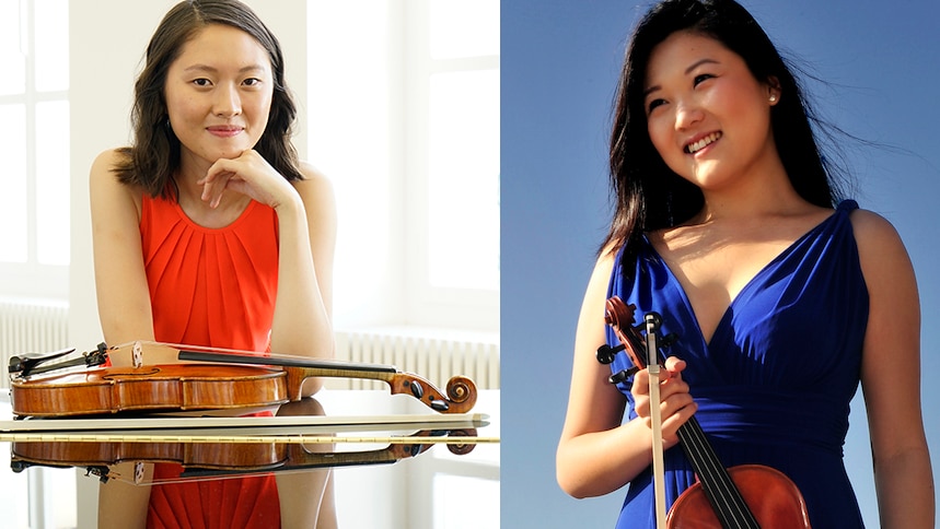 A combined photograph of violinists Victoria Wong on the right and Emily Sun on the left, both posing with violins.