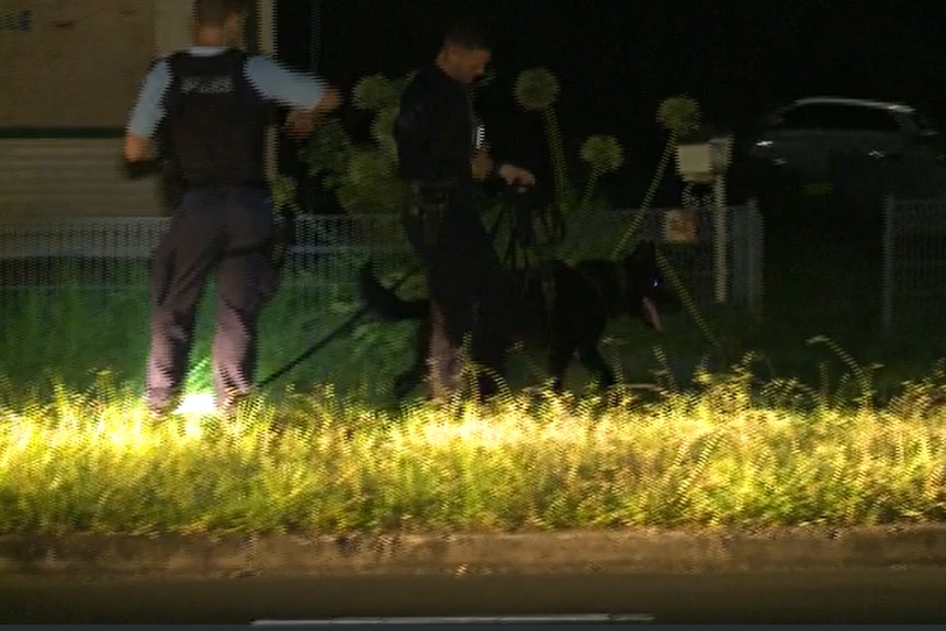 A police officer leads a dog down a dark suburban street